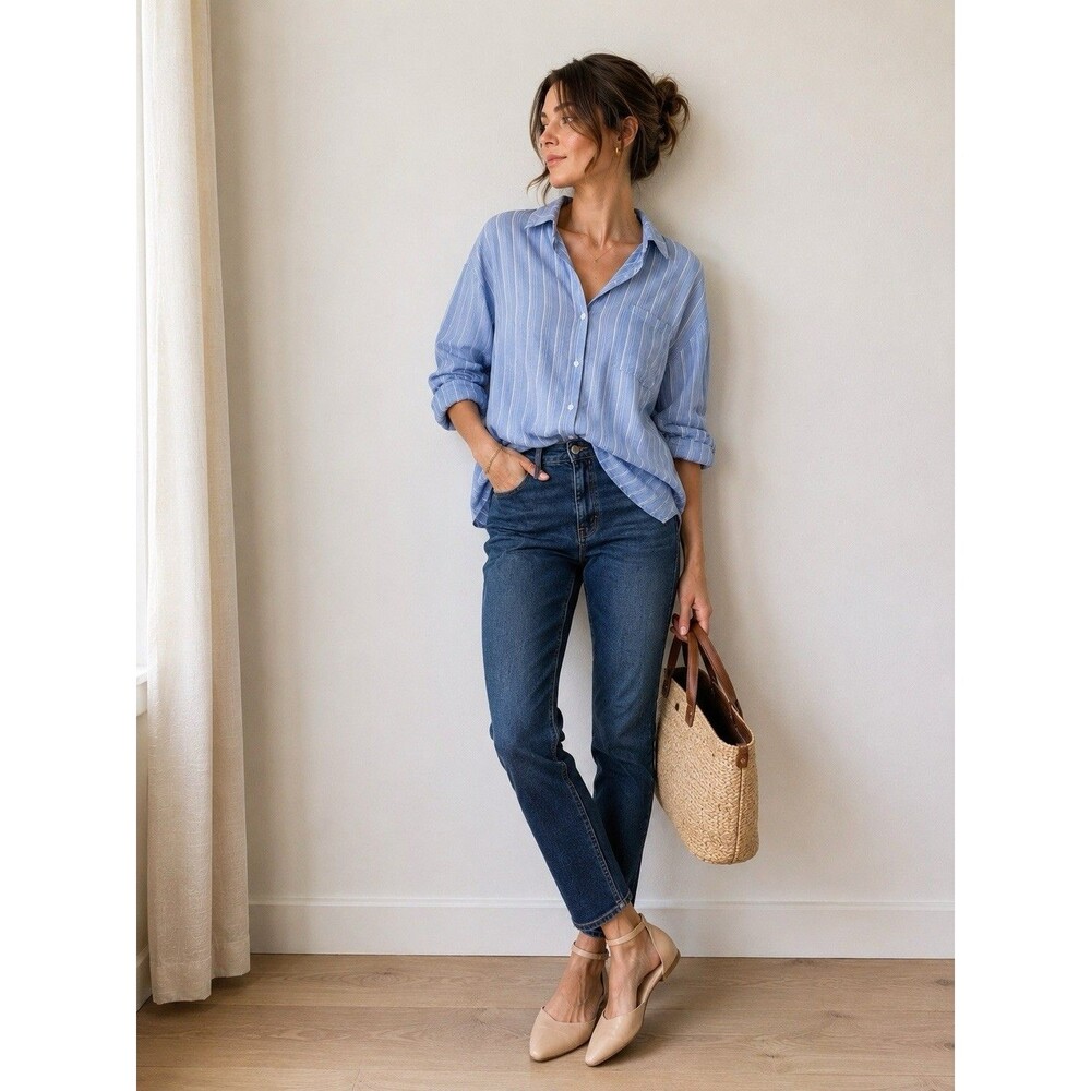 Princess Polly Blue Striped Oversized Button Down Shirt French Girl Paris Sz 2
